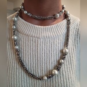 Givenchy Couture Long Chain Necklace With Faux Pearls & Rhinestones